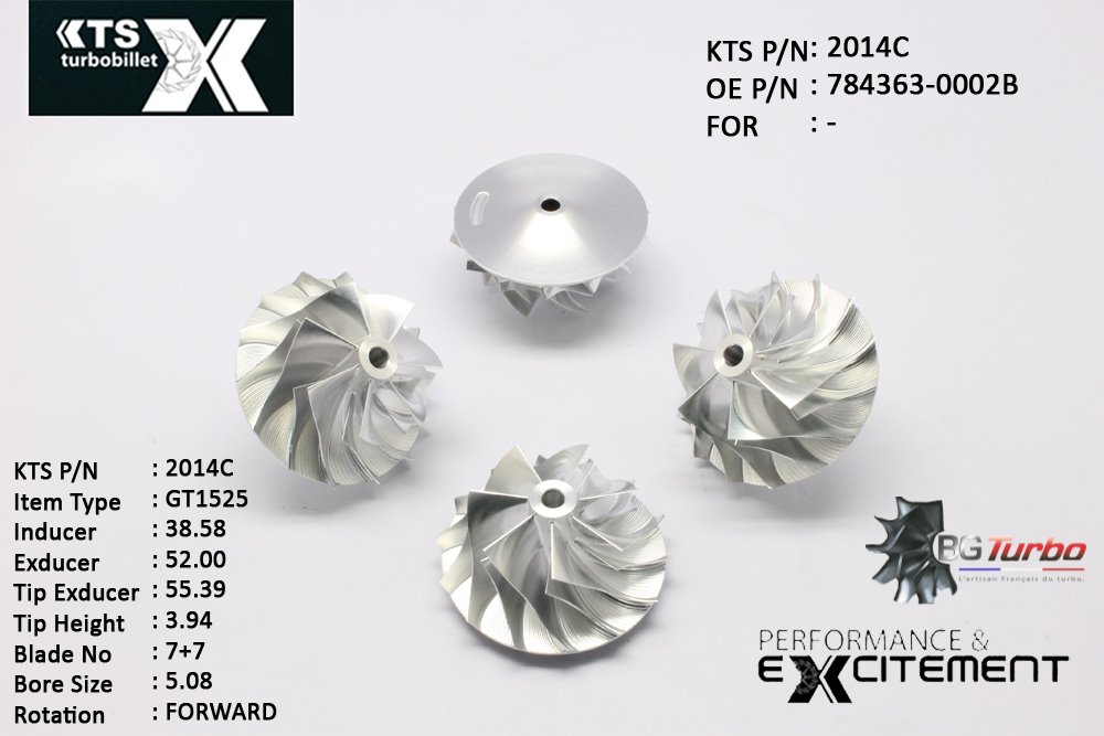Turbo ROUE FORGÉE MFS PERFORMANCE - 7+7 PALES - INDUCER : 38,58 - EXDUCER : 52 - TYPE : GT15-25ANGLE : 60° - ROTATION : Forward - SUPER BACK : 3,9 - BORE SIZE : 5,08
